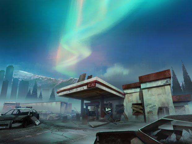 Gas station artwork with aurora - The Long Dark