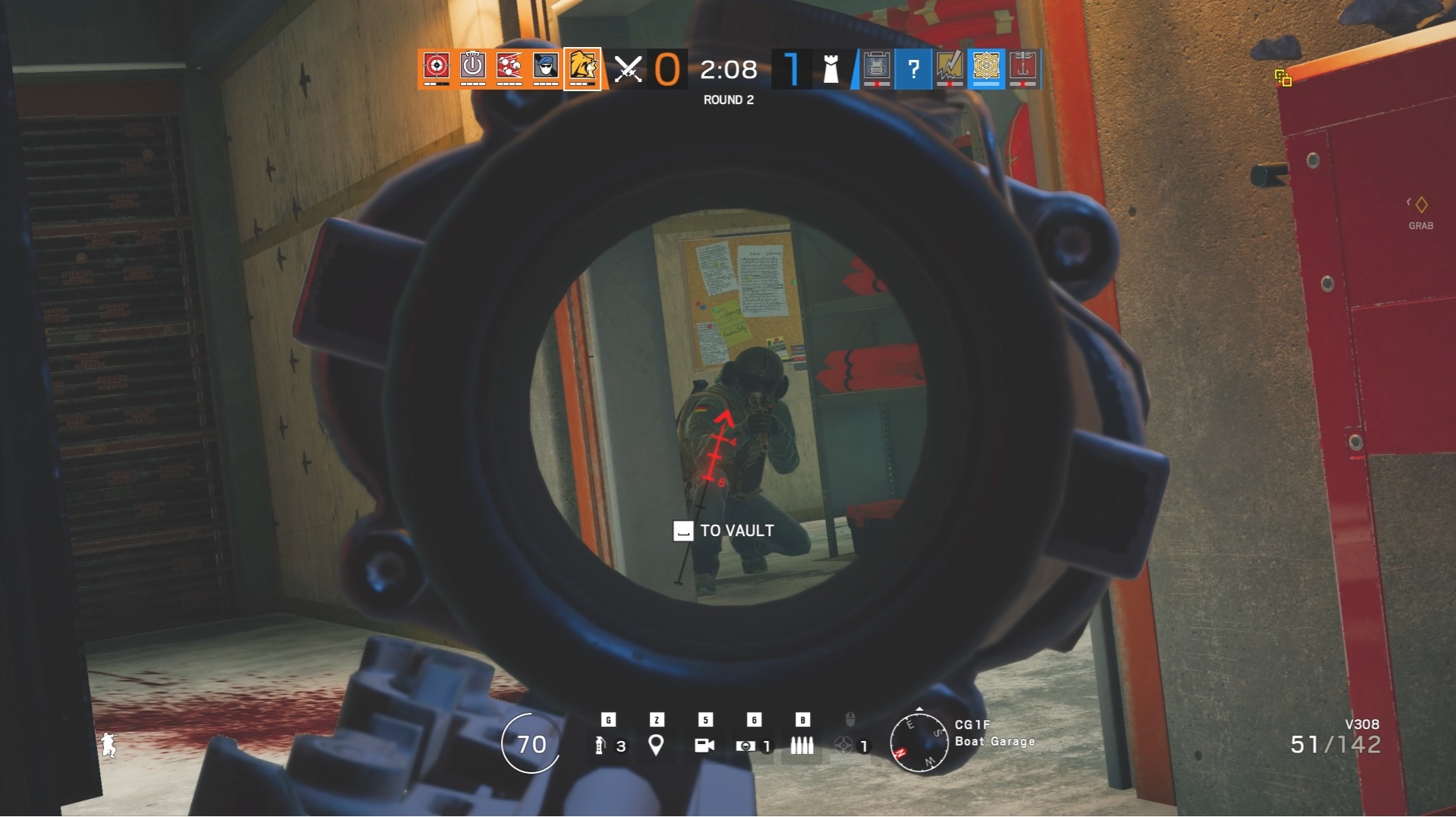 Player is peeking around a corner and has an enemy in his sights.