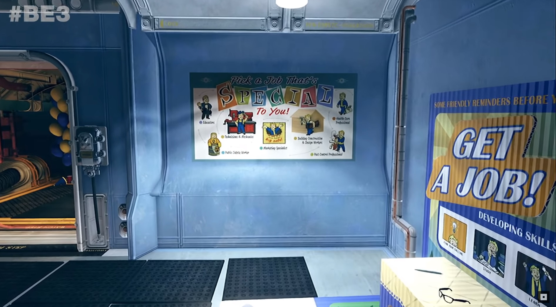 Player in Vault 76 looking at a poster with seven job types indicated.