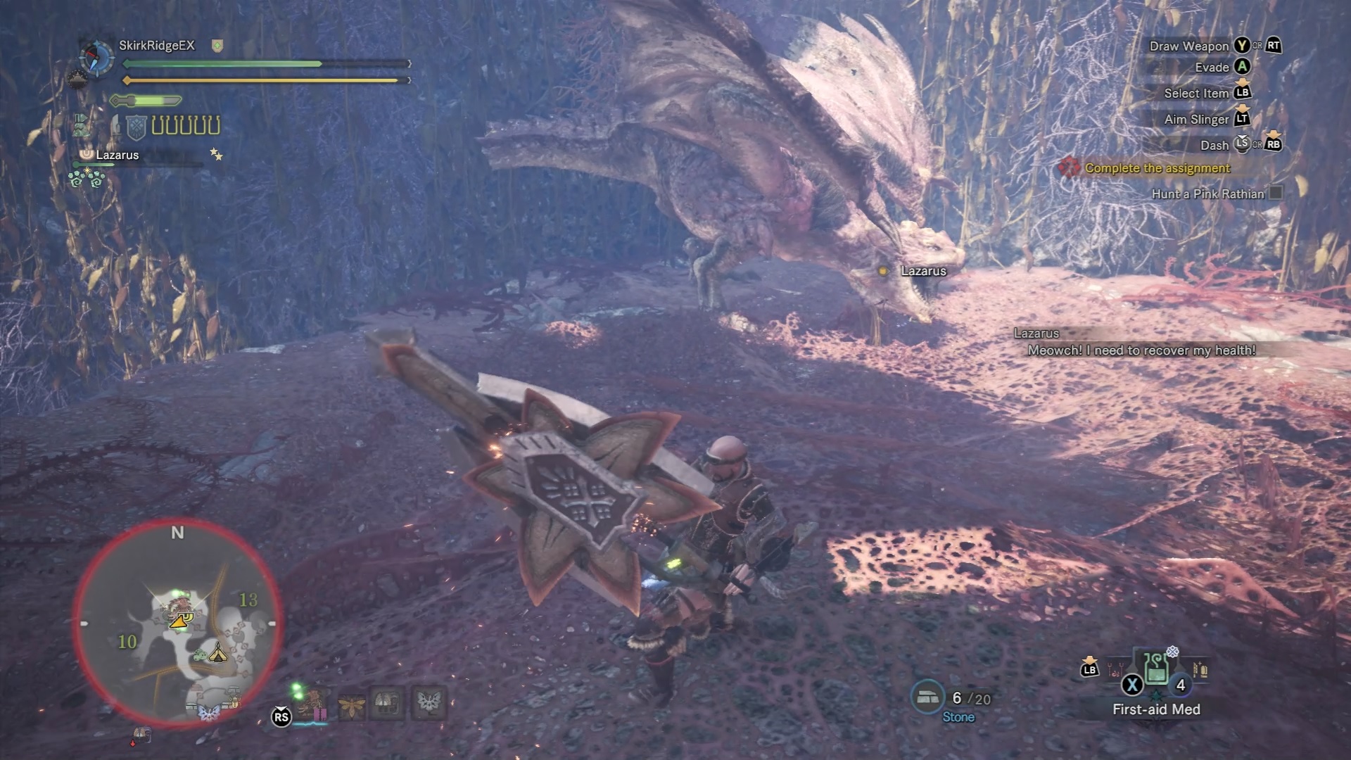 Pink Rathian near its nest with its tail chopped off and scales semi-removed.