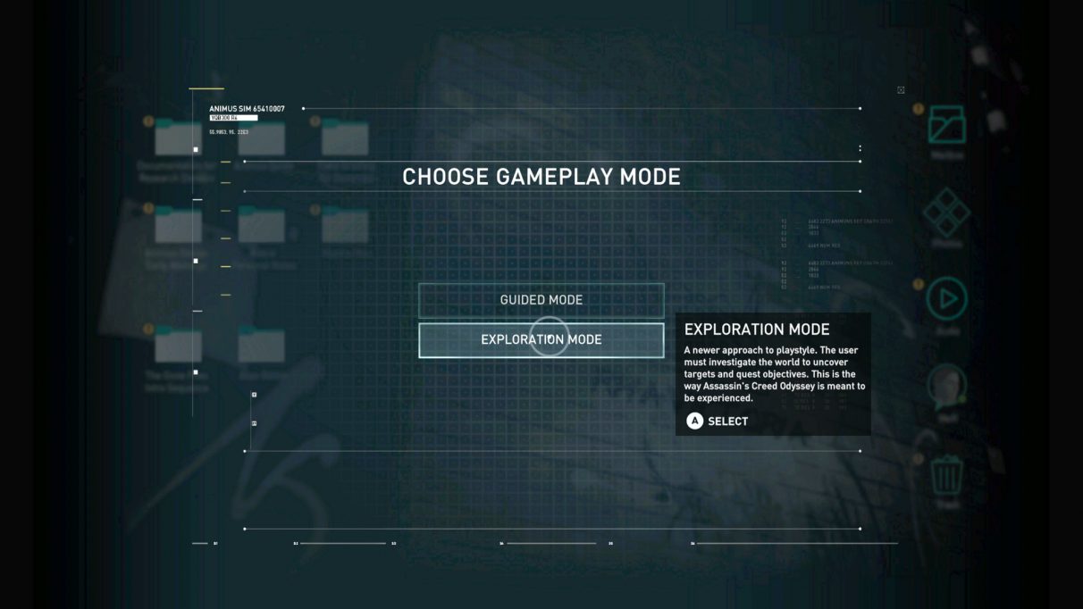 Choice between Guided or Exploration modes in Assassin's Creed Odyssey