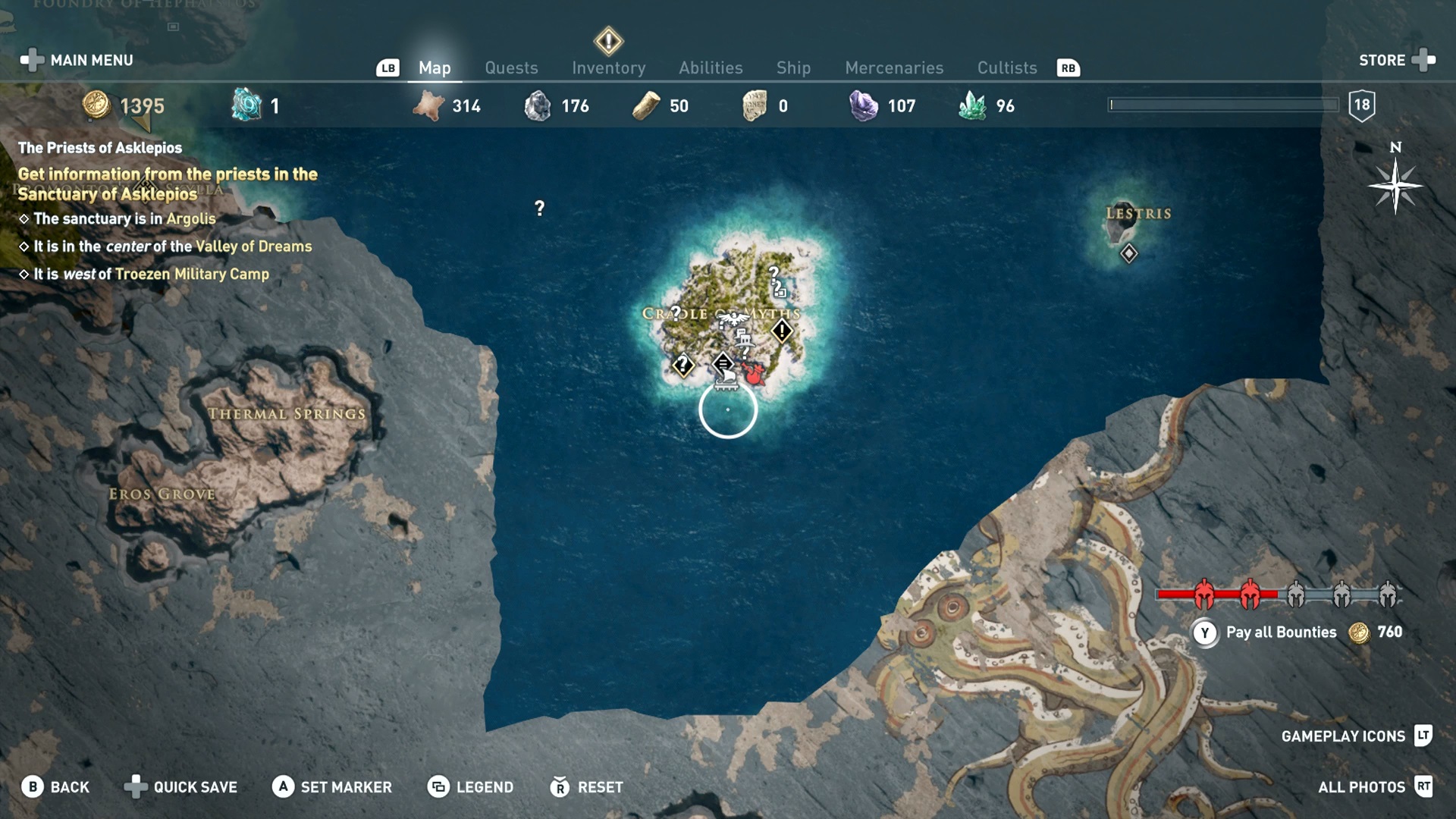 Map screen shows the location of the bounty giver, as well as the cost to pay the bounty.