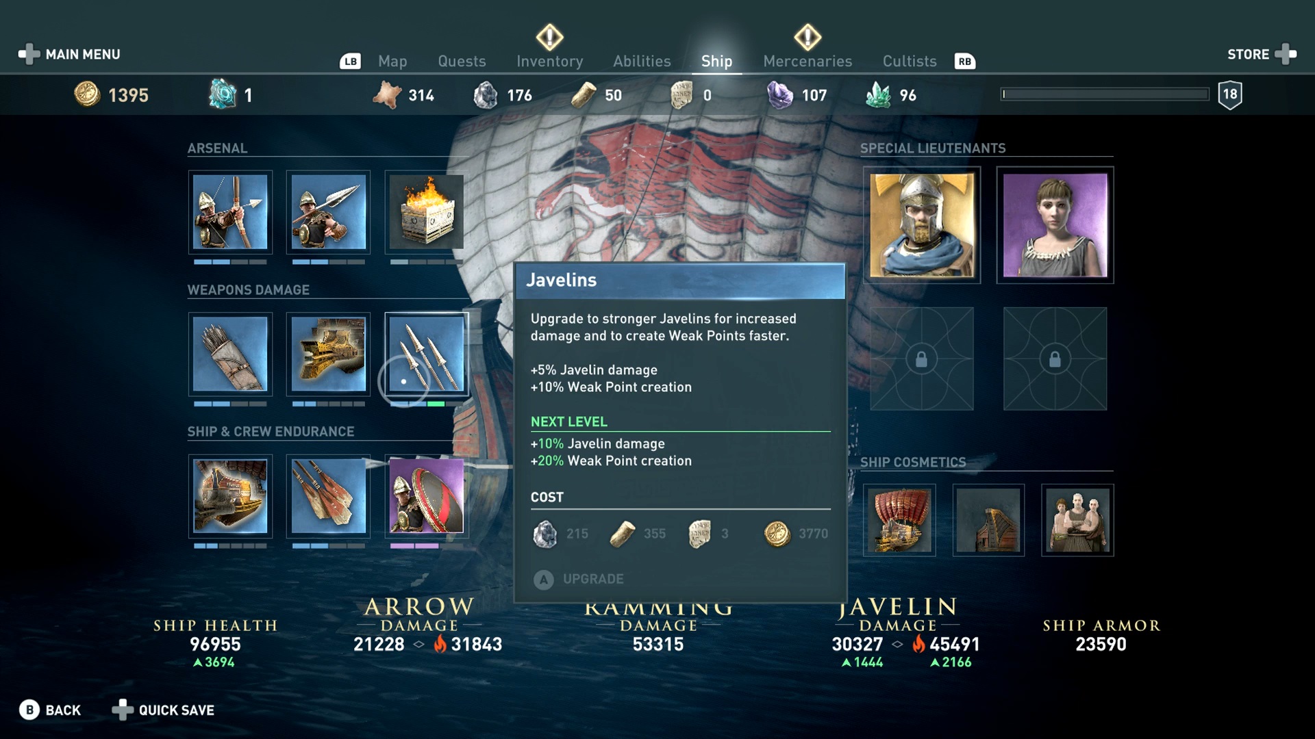 Ship upgrade screen in Assassin's Creed Odyssey