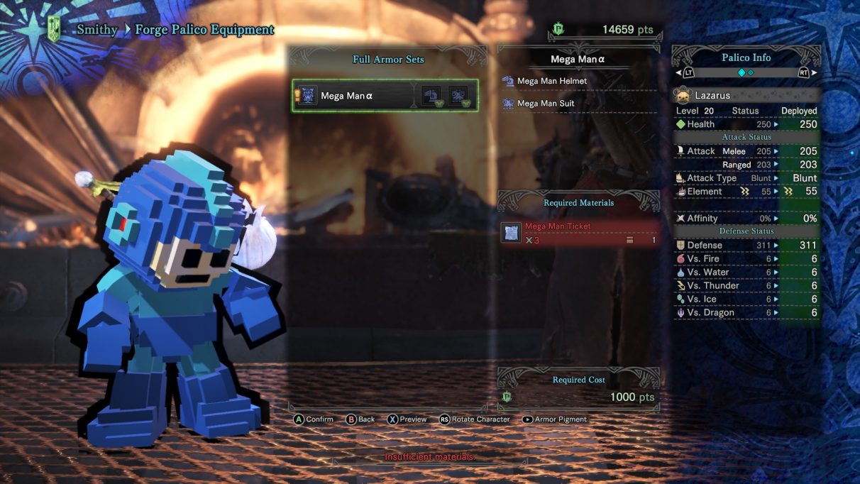 A Palico wearing the Mega Man full armour set.