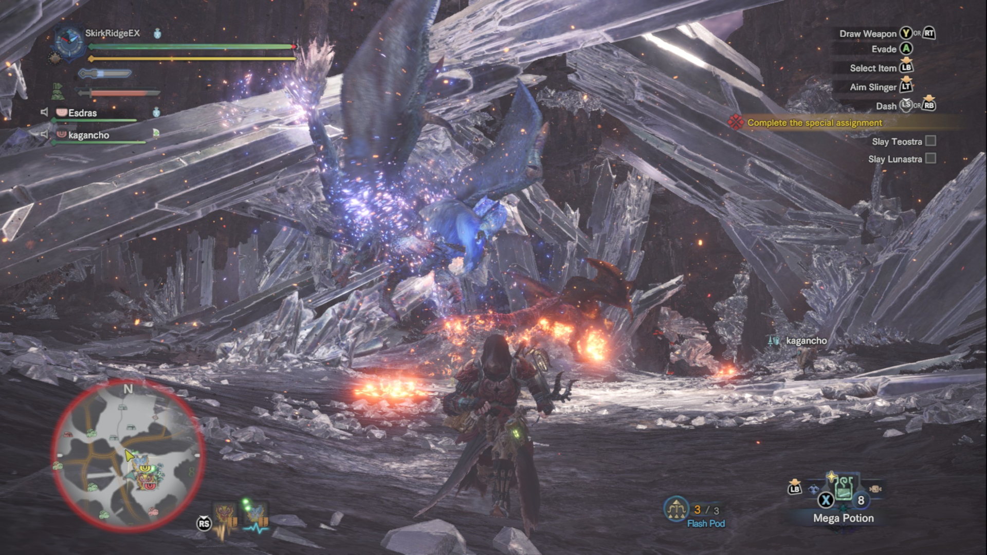 Hunters fighting both Teostra and Lunastra in the Elder's Recess.