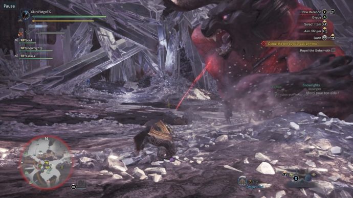 Hunter has attracted the Behemoth's attention so that the other players can attack it without worrying about being attacked too much. Behemoth just took a swipe at the hunter which he dodged.