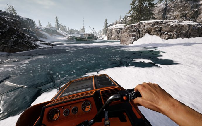 Driving around on a snowmobile in first-person mode. A land-locked ship can be seen in the distance past the frozen lake.