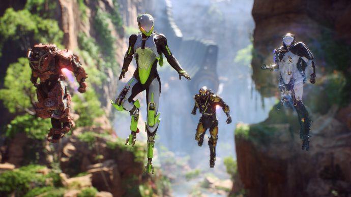 The four Javelins of Anthem. From left to right they are: Colossus, Interceptor, Ranger, and Storm.