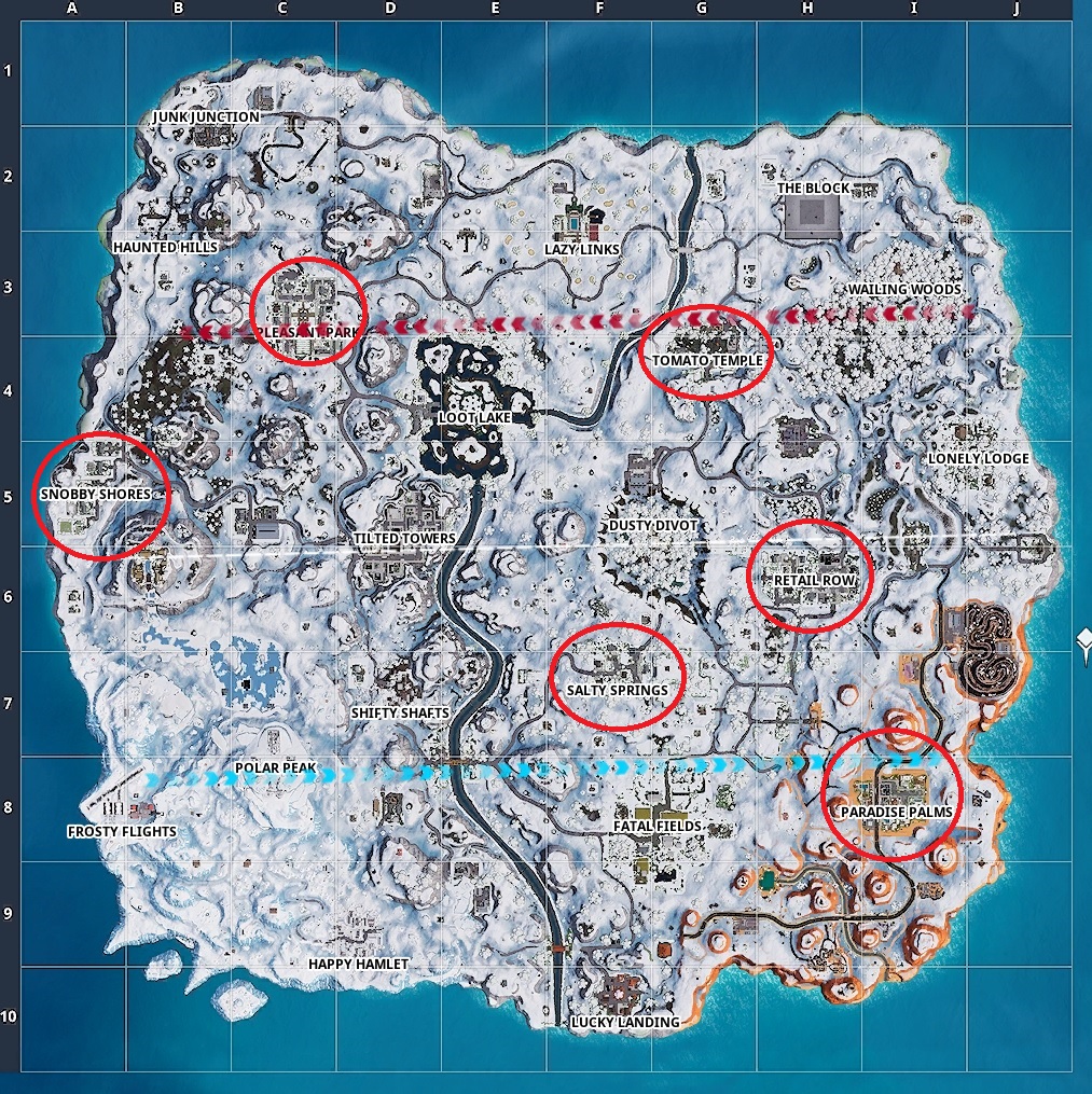 Fortnite Doorbell Challenge Best Locations Where To Find The - a map with all the locations with doorbells in them circled