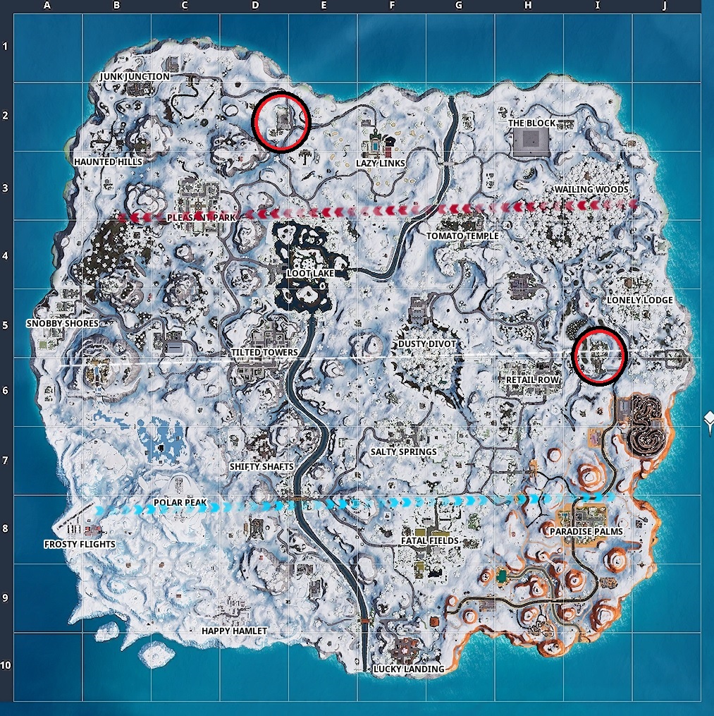 map showing the rv park and motel locations - fortnite motel or rv park challenge