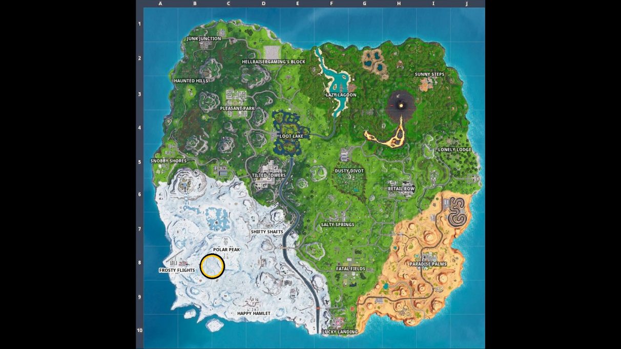 The Fortnite Season 8 map with the location on the treasure map loading screen circled.