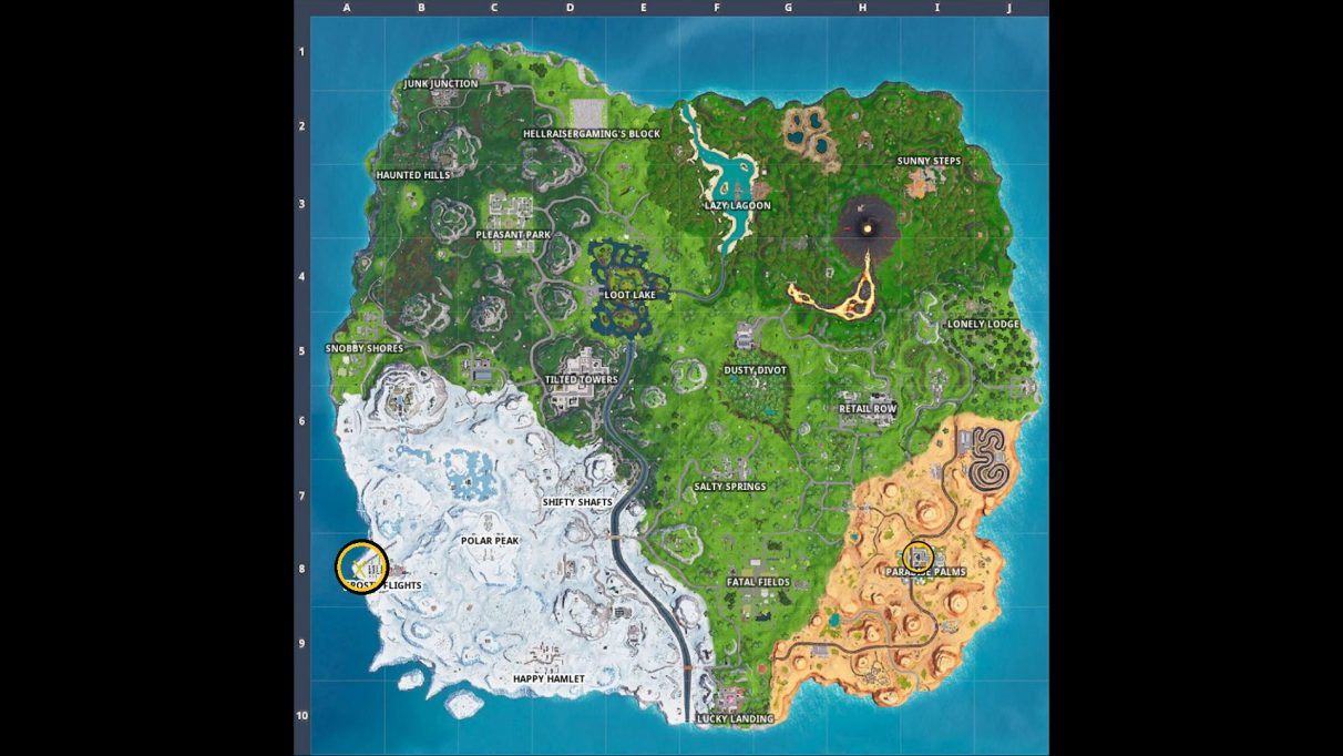 Two circles on the Fortnite map. The one above Paradise Palms shows where the map is. The one near Frosty Flights is where the treasure is.