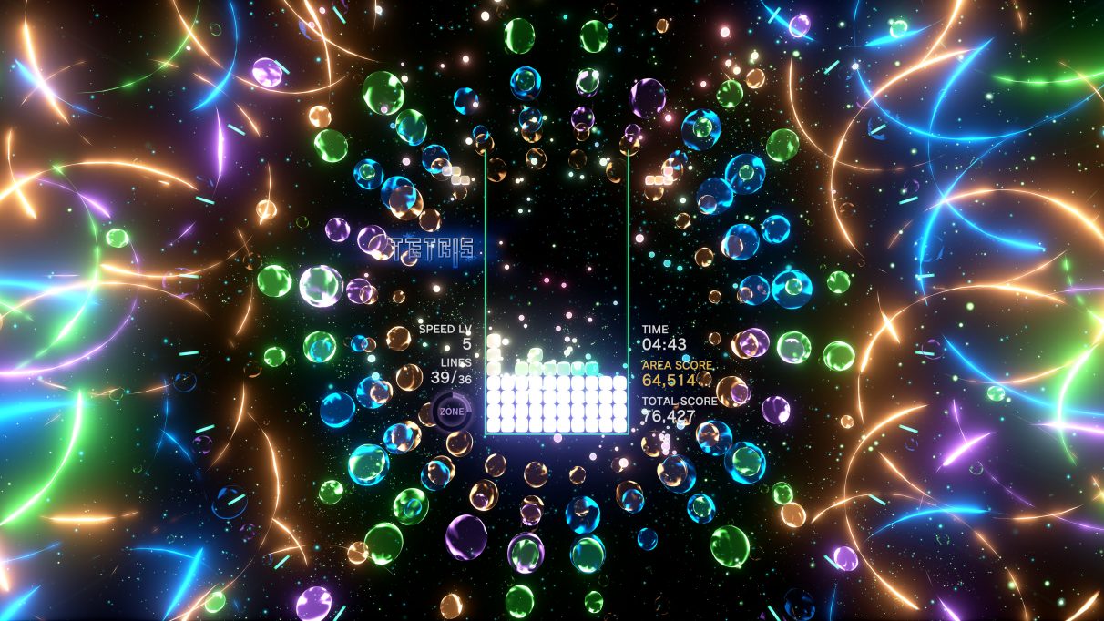 A screenshot of a psychedelic Tetris board in Tetris Effect,