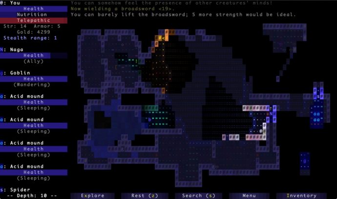 En skärmdump av några grottor i ASCII Roguelike Brogue