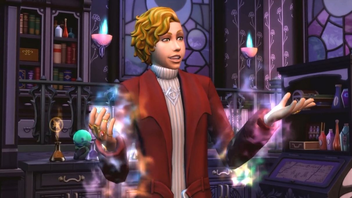 A screenshot from The Sims 4 DLC Realm of Magic, showing a Sim who is legally distinct from the Harry Potter character Newt Scamander standing in front of a cauldron doing some magic