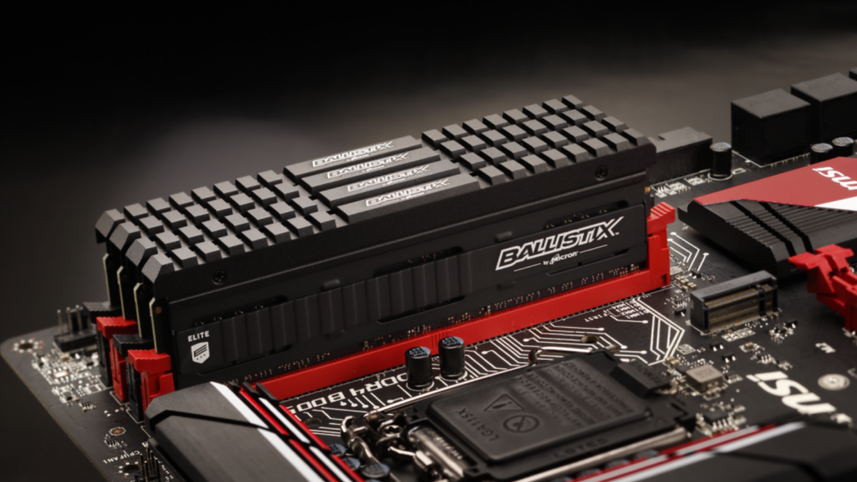 A photo of four Crucial Ballistix RAM sticks on a motherboard.