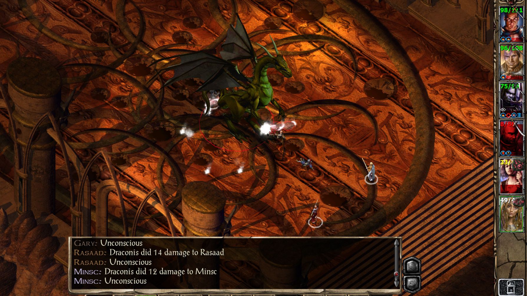 A screenshot of a dragon fighting your party in Baldur's Gate 2.