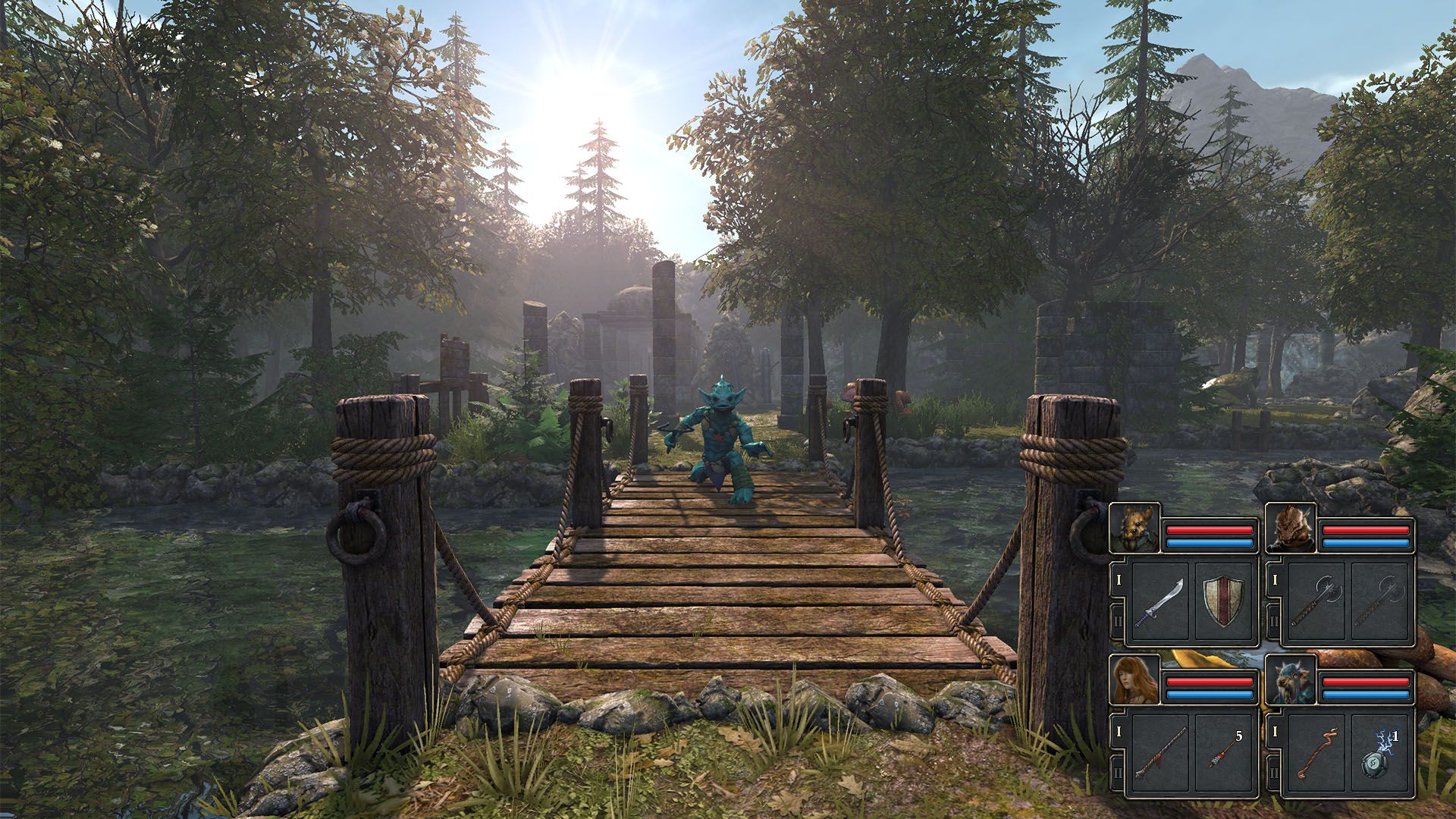 A screenshot showing a monster coming toward you on a bridge in Legend Of Grimrock 2.