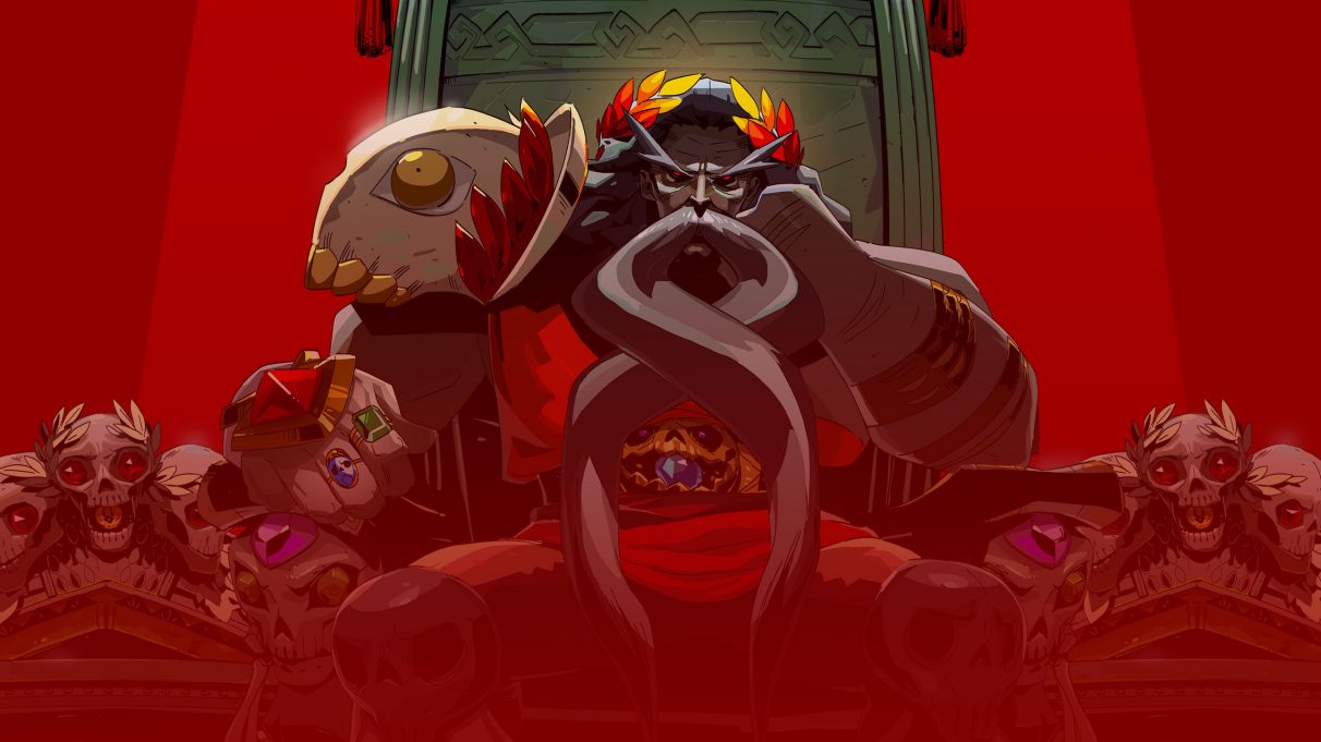 A screenshot of Hades, the god, in Hades the game, sitting on his throne and looking all brooding and angry