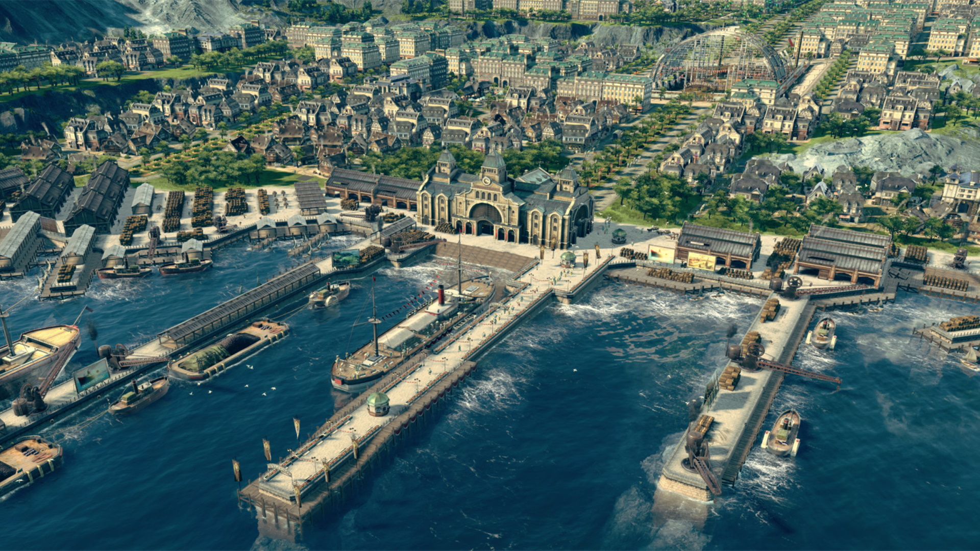 A screenshot of a large ship docking in a developed port in Anno 1800.