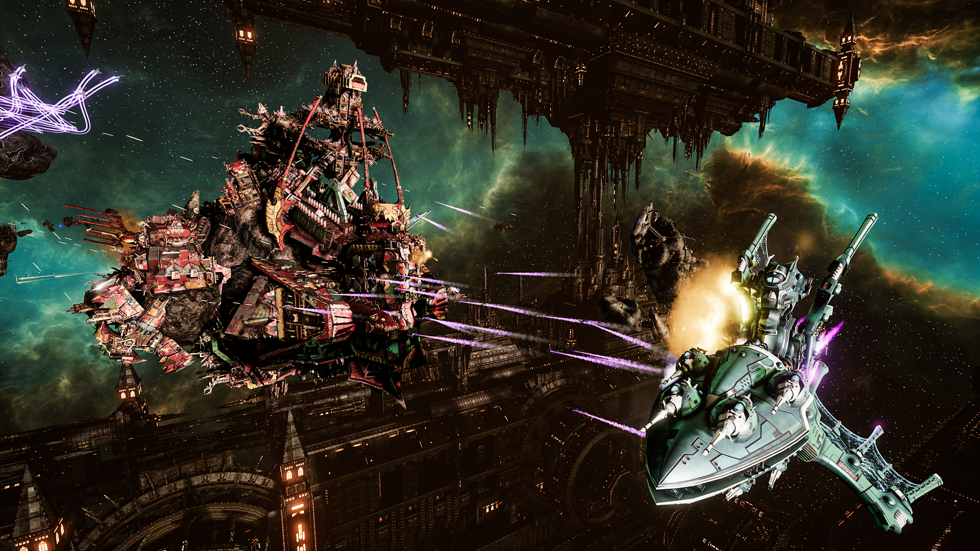 Tangkapan skrin yang menunjukkan pertempuran ruang epik antara dua kapal di Battlefleet Gothic Armada 2