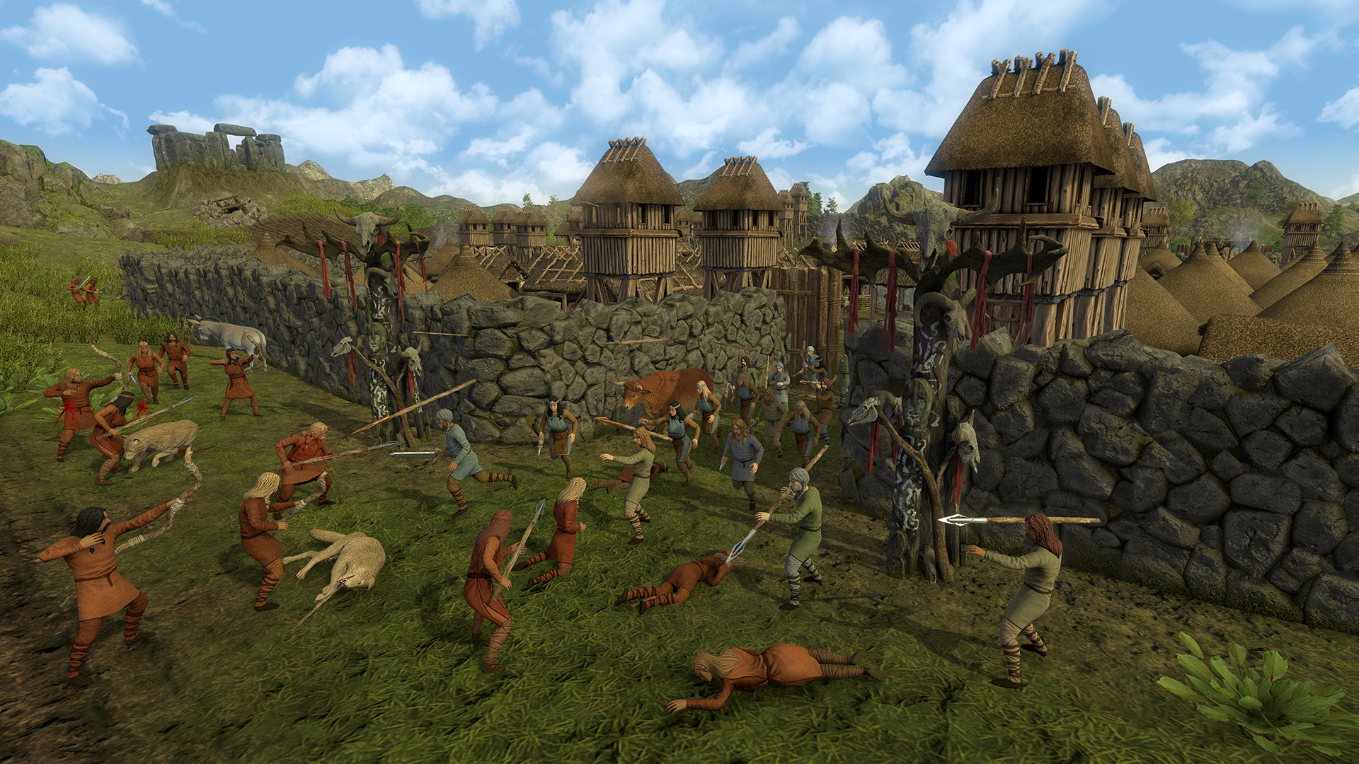 A screenshot of villagers defending their town from invasion in Dawn Of Man.