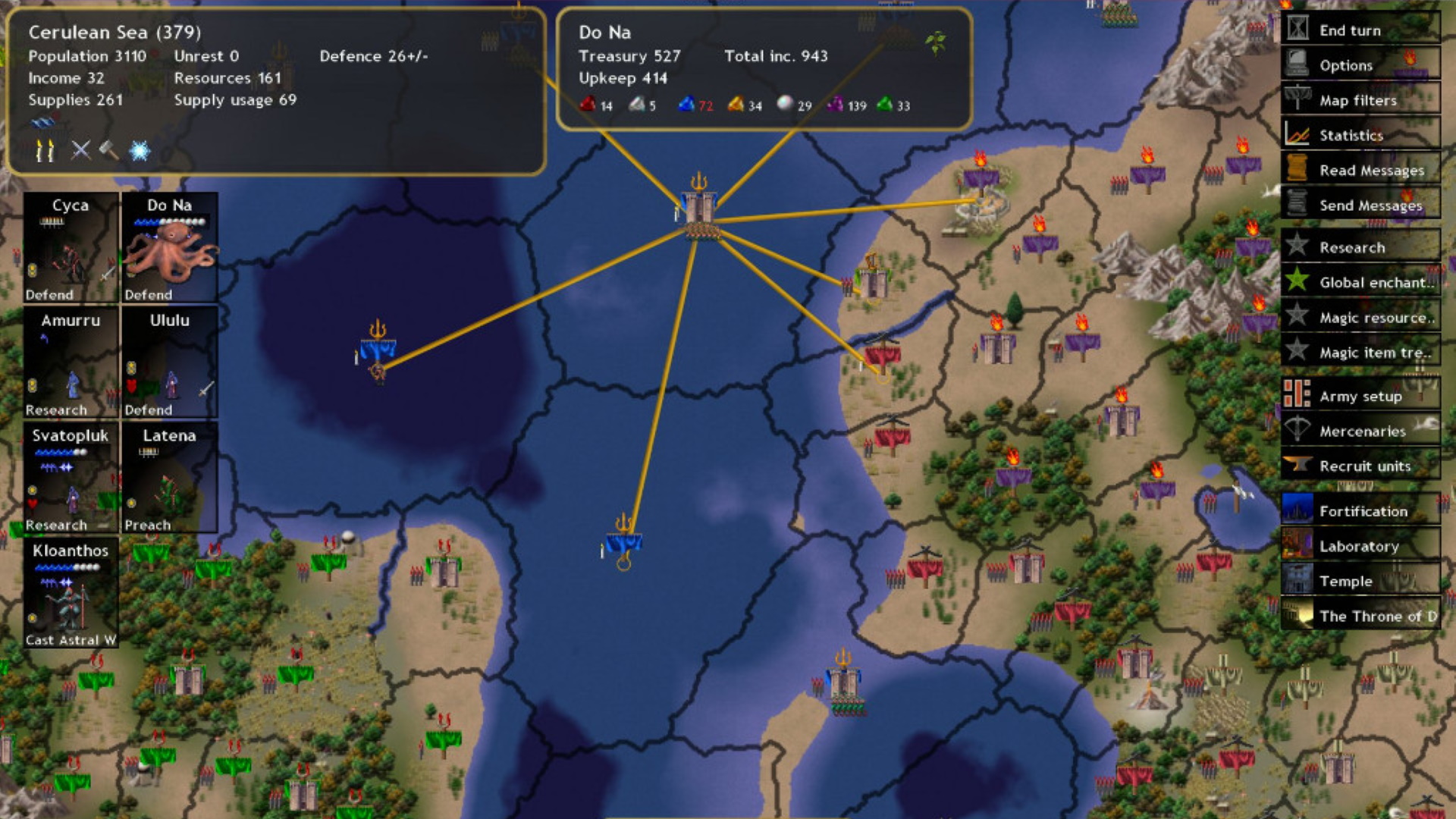 A screenshot of the campaign map in Dominions IV.