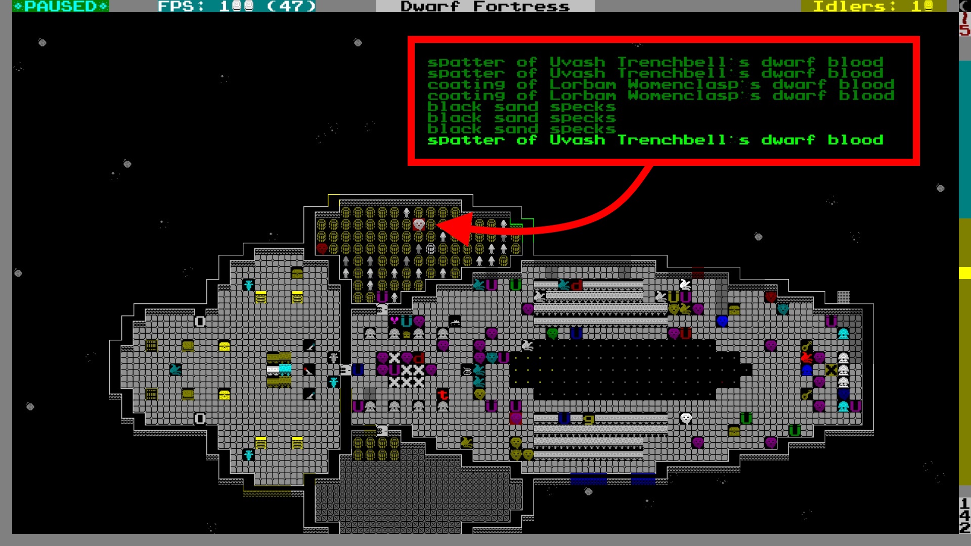 A screenshot highlighting the spatter of Uvash Tranchbell's dwarf blood in Dwarf Fortress, because why not?