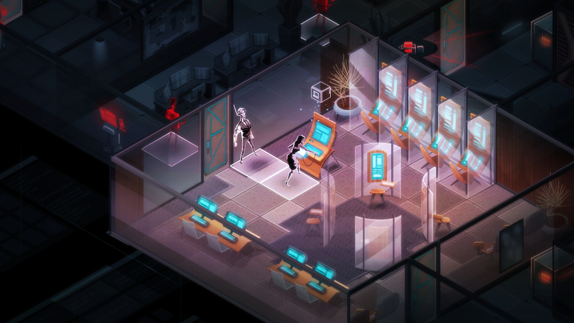 A screenshot of an agent hacking an information terminal in Invisible Inc.