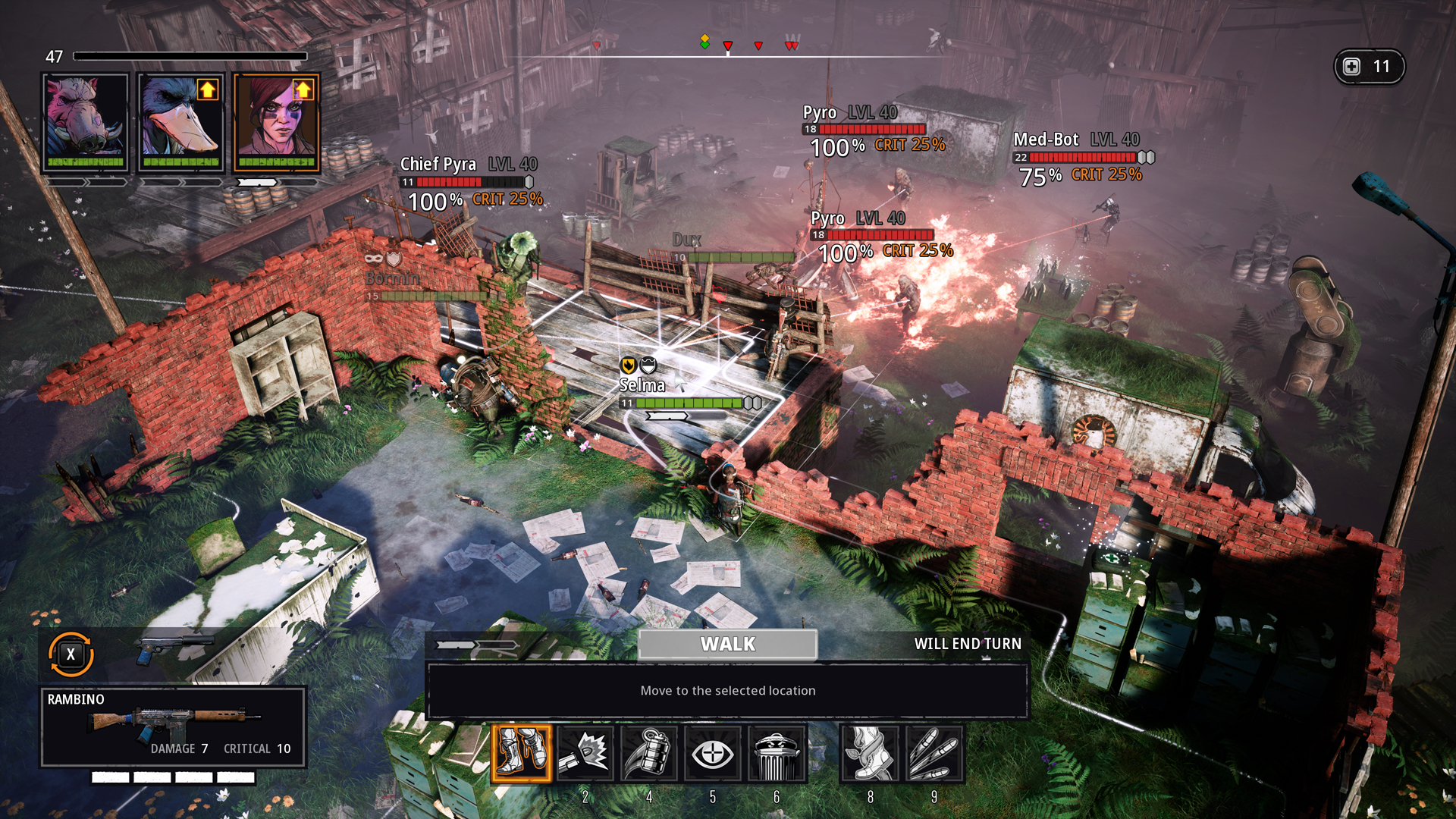 A screenshot showing a tactical battle scene from Mutant Year Zero.