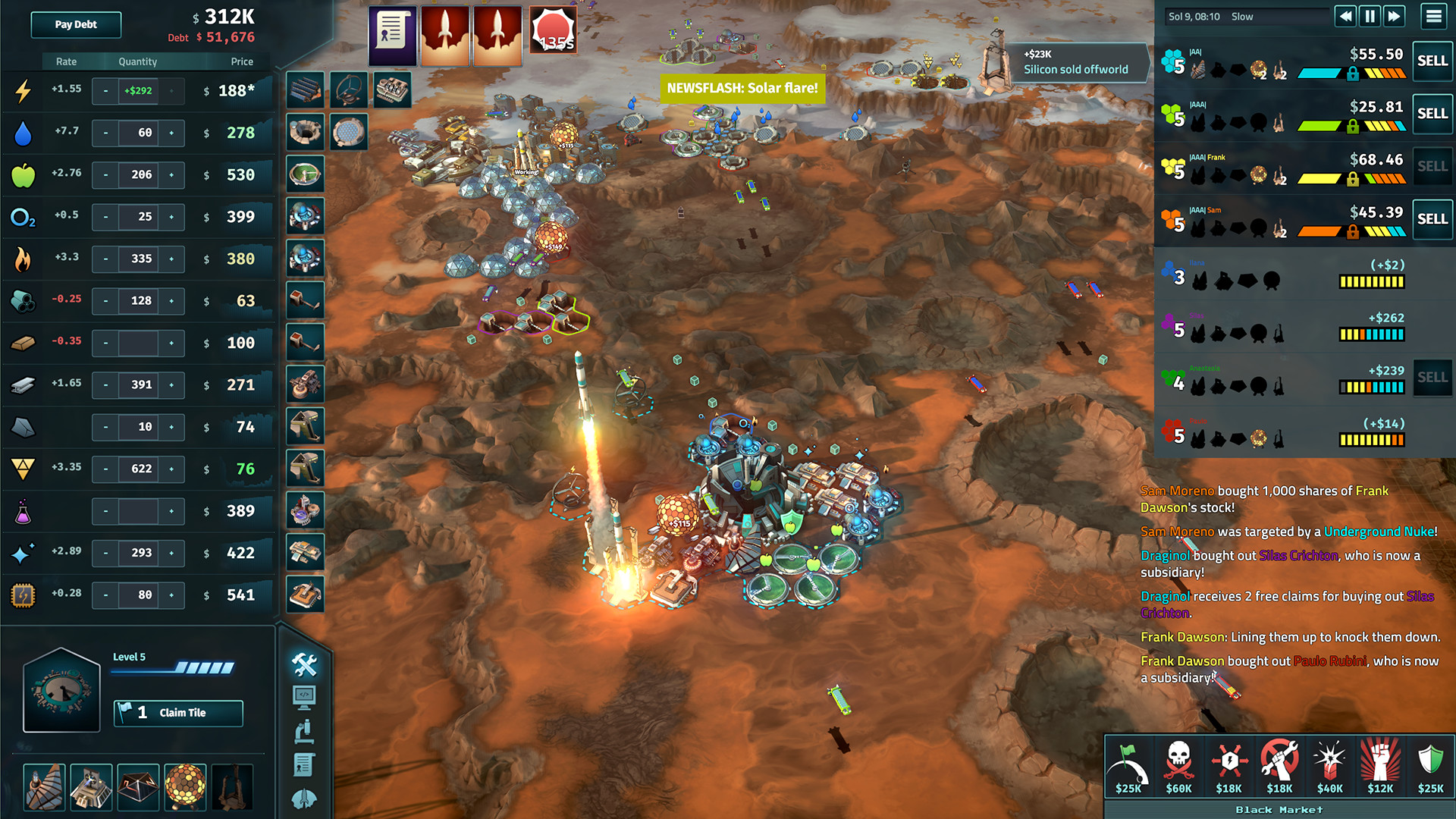 A screenshot of a rocket launching off the world map of Offworld Trading Company.