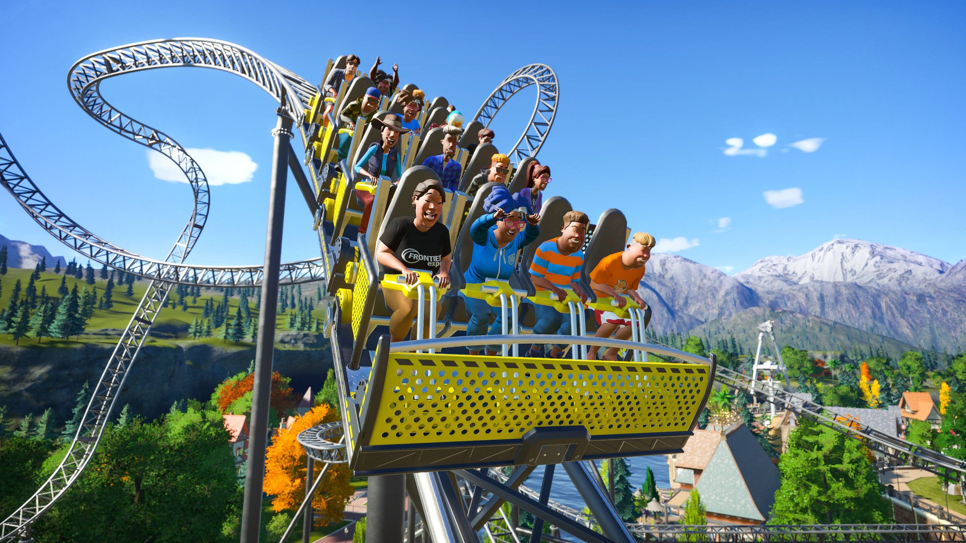 A screenshot of happy rollercoaster riders in Planet Coaster.