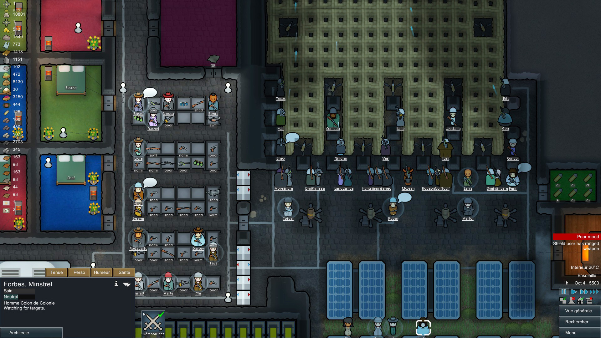 A screenshot of a busy colony settlement in Rimworld.