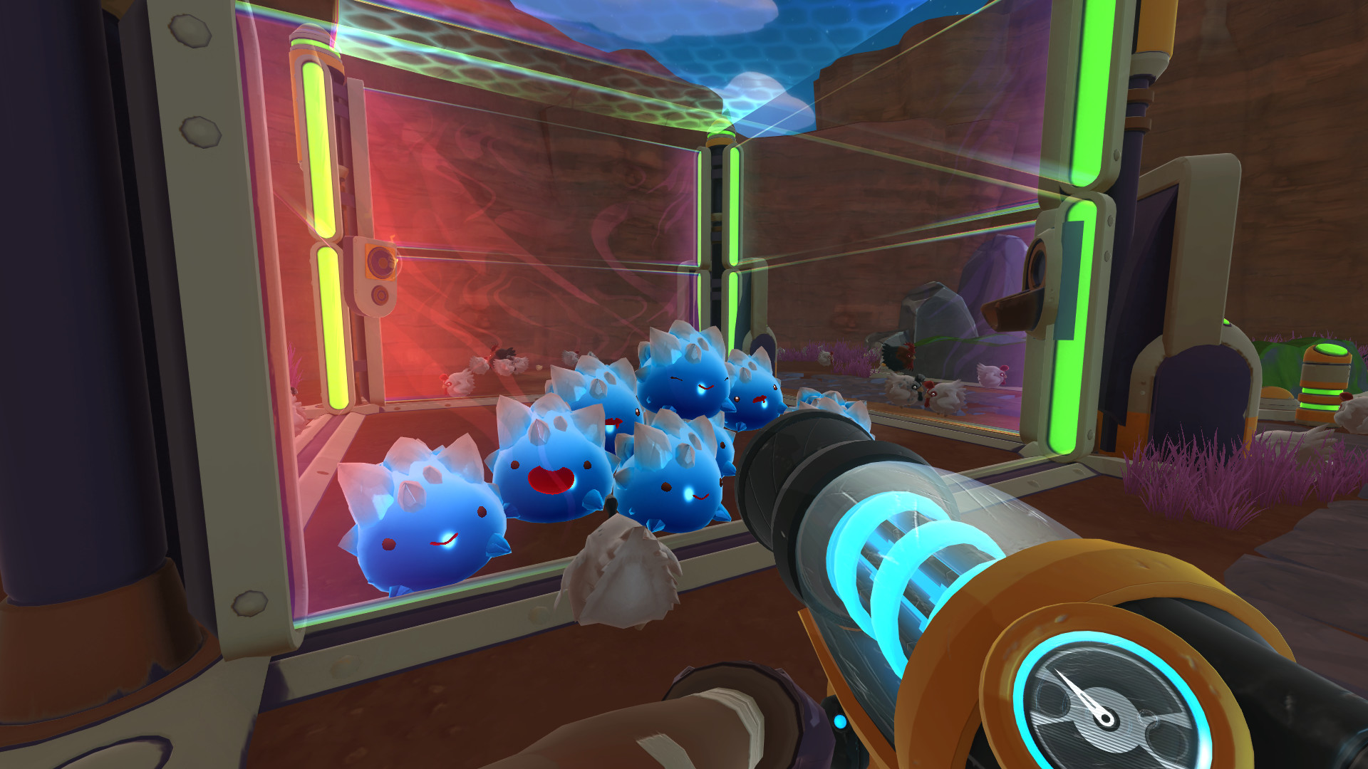 A screenshot of lots of bouncing blue slimes in Slime Rancher.