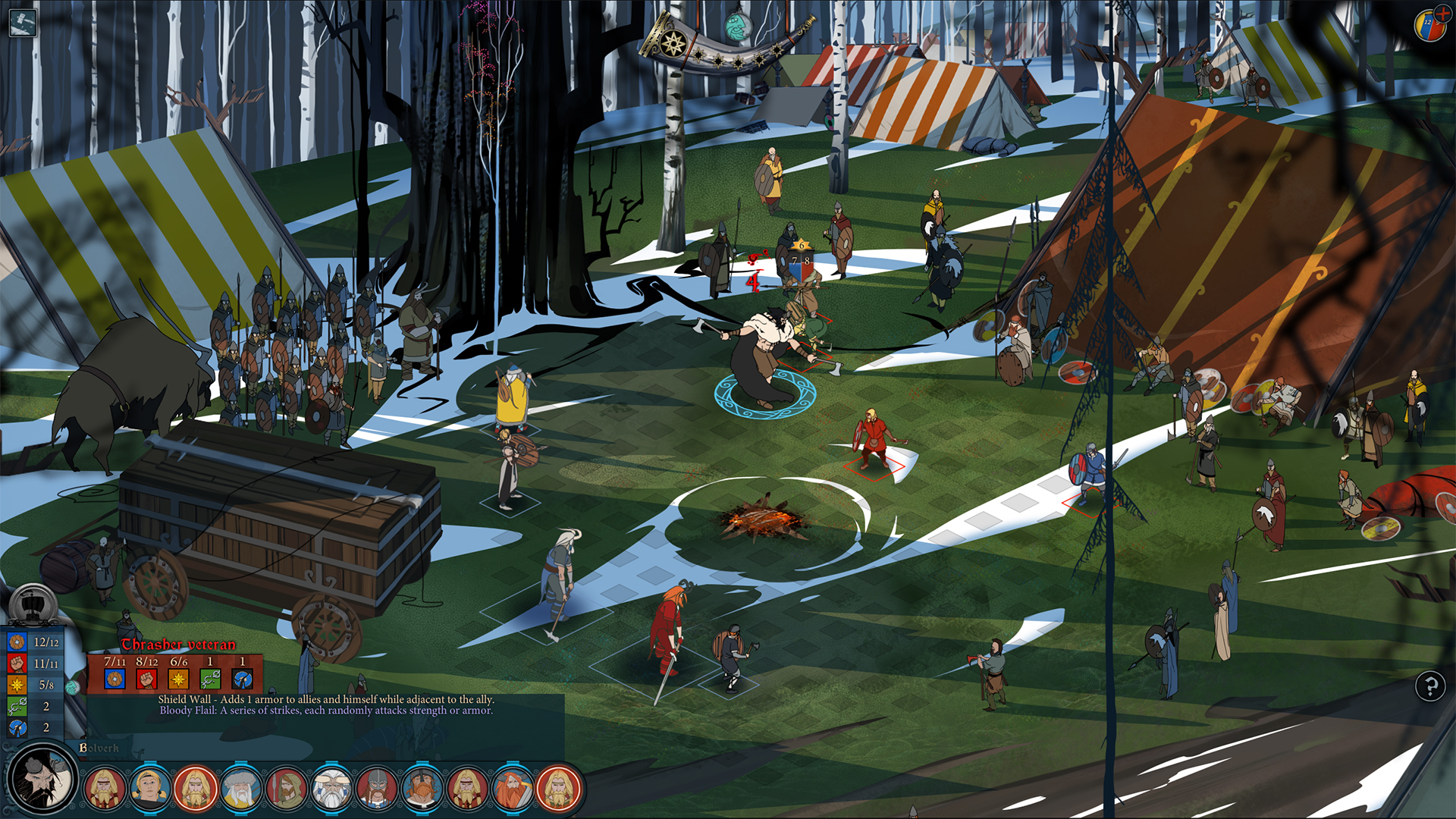 A screenshot of The Banner Saga's isometric battlefield.