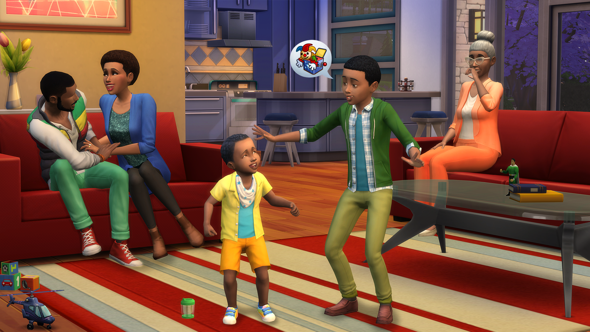 A screenshot showing a family scene in the living room in The Sims 4.