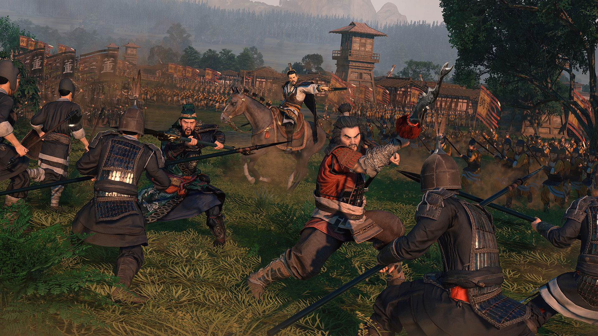 A screenshot showing a close-up battle between opposing armies in Total War Three Kingdoms.