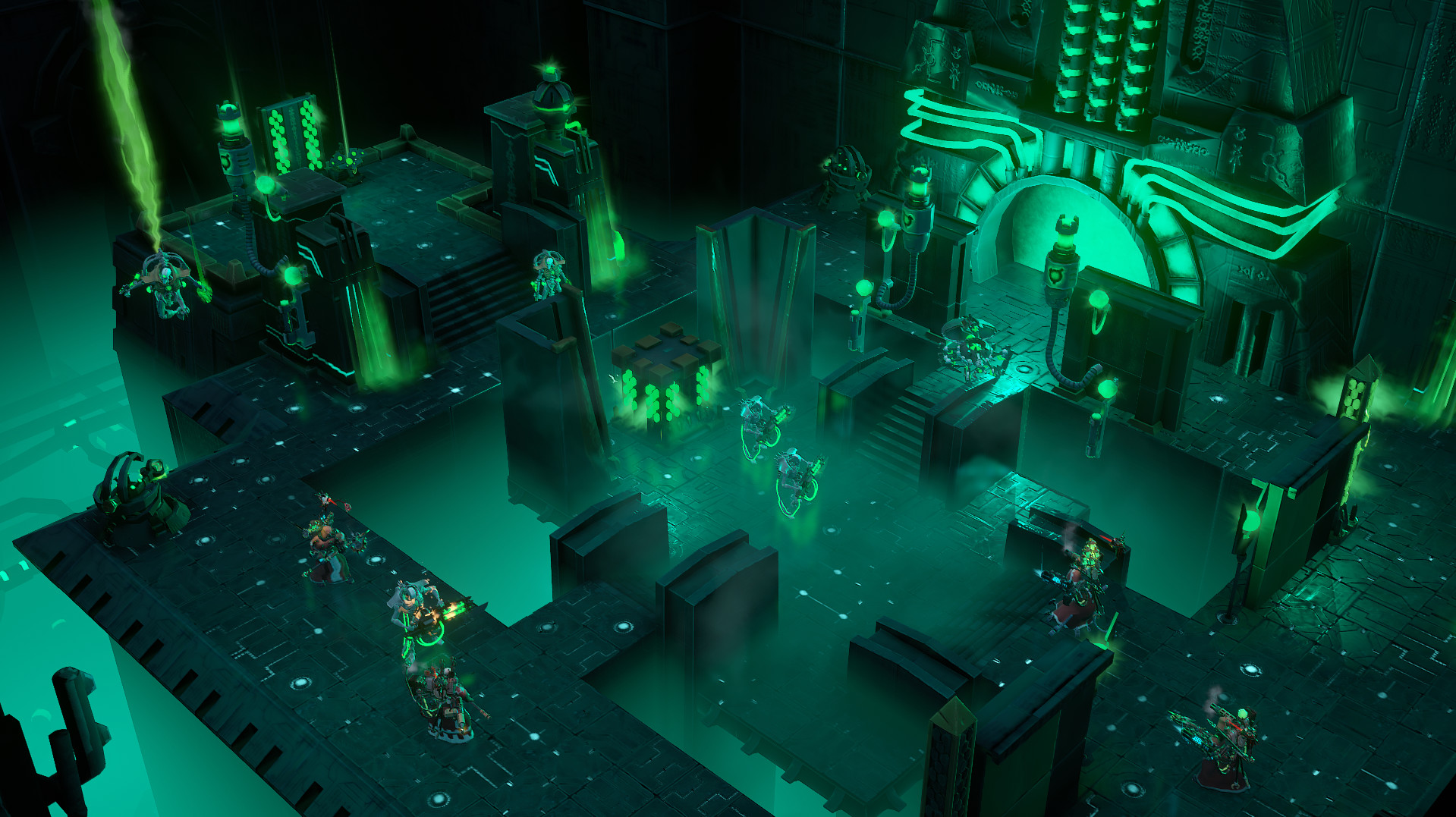 A screenshot of a temple battle scene from Warhammer 40K Mechanicus.