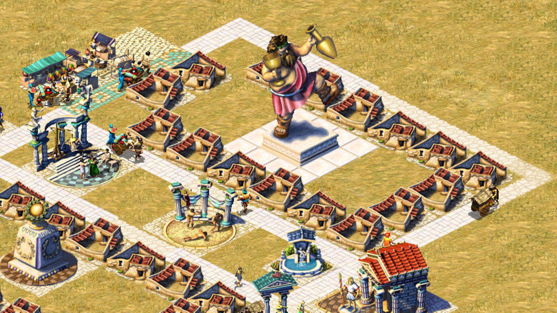 A screenshot showing a residential area in Zeus: Master of Olympus centred around a huge statue of Bacchus the wine god.