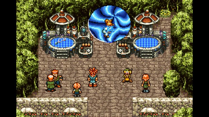 A screenshot of a time portal opening at a fair in Chrono Trigger.