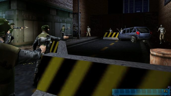 A screenshot of a blockade in Deus Ex.