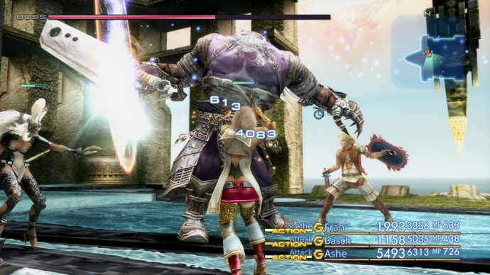 A screenshot showing a boss battle with a purple ogre from Final Fantasy 12: The Zodiac Age.