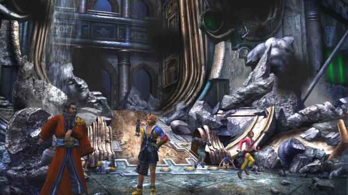 A screenshot of Tidus and Auron standing in the ruins of Zanarkand from Final Fantasy X.