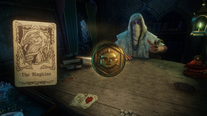 A screenshot of The Magician card and the Dealer from Hand Of Fate 2.