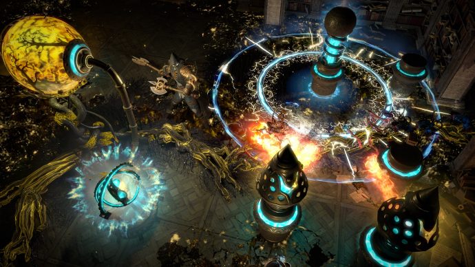 A screenshot showing a character attacking complex machinery in Path Of Exile.