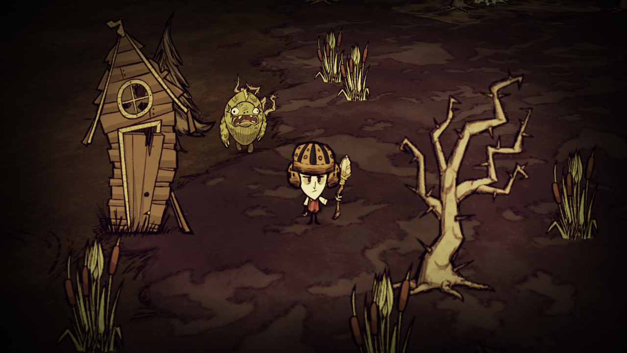 A screenshot showing a bug-eyed frog man creeping toward your helmeted character in Don't Starve.