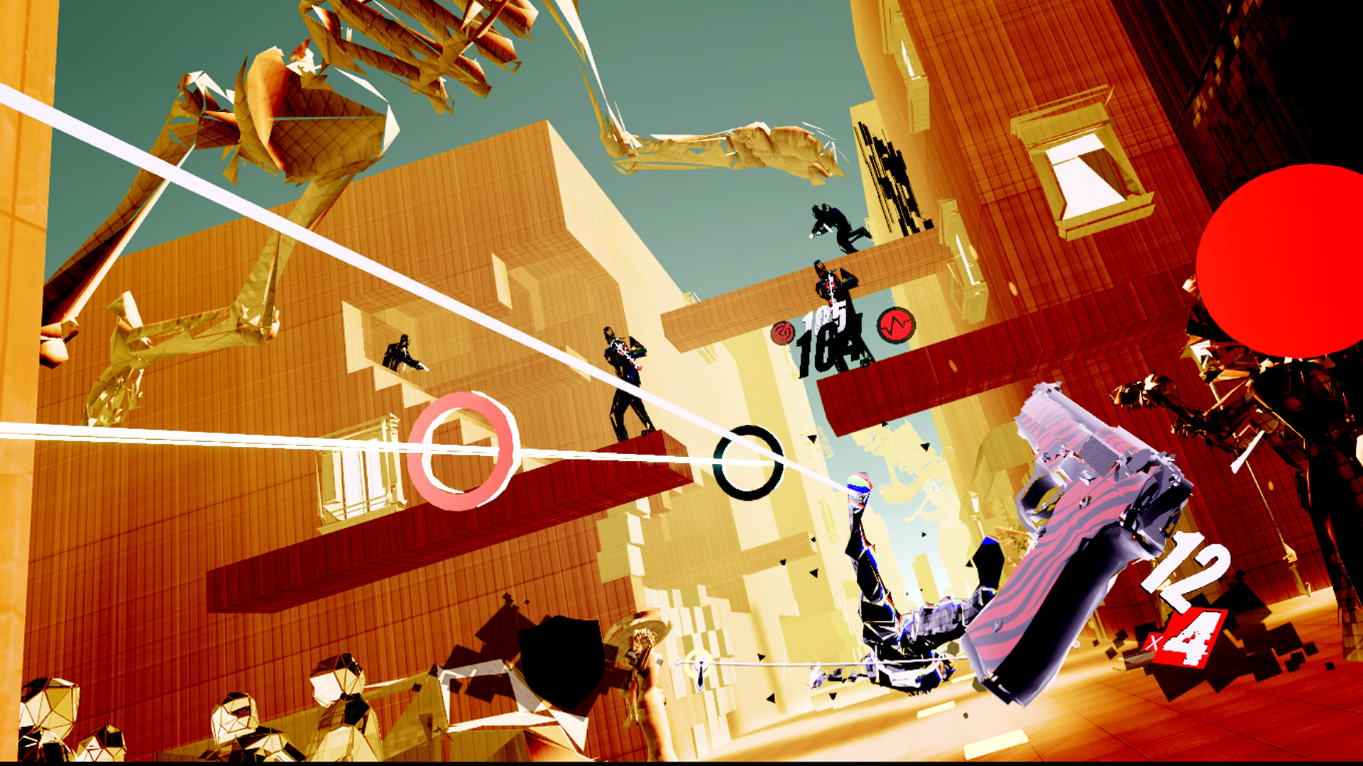 A screenshot of a surreal environment with silhouetted men in suits shooting at you in Pistol Whip.