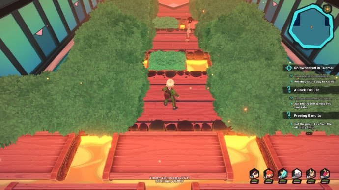 Hopping across lava on logs in Temtem's third dojo