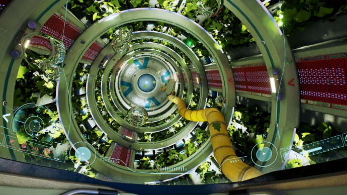 A screenshot of a long space tunnel surrounded in greenery in ADR1FT.