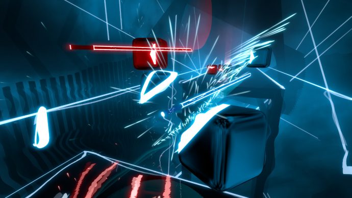 A screenshot of red and blue blocks coming toward you in Beat Saber.